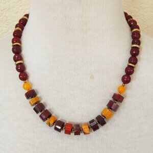Elegant Burgundy Red & Mustard Yellow Mookaite & Jade Strand Statement Necklace